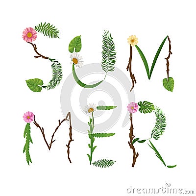 Summer lettering. Tropical palm leaves background Vector Illustration