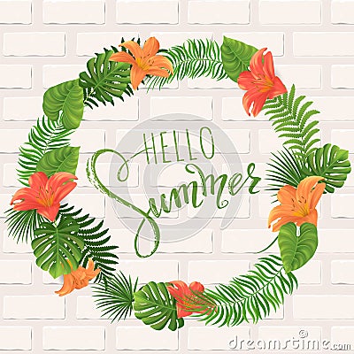 Summer lettering. Tropical palm leaves background Vector Illustration