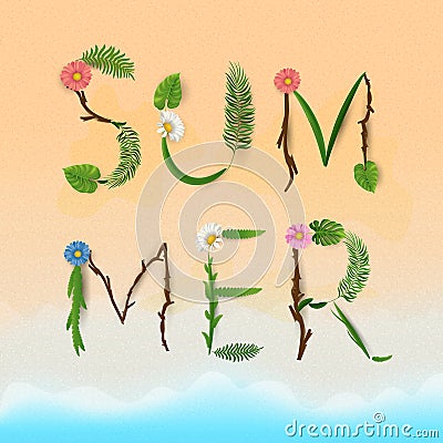 Summer lettering. Tropical palm leaves and flowers background Vector Illustration