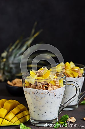 Summer light dessert - yoghurt with chia, muesli and a variety o Stock Photo