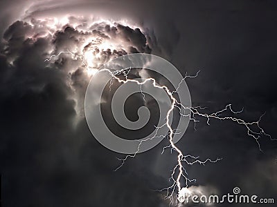 Lightning bolts and storm clouds Stock Photo