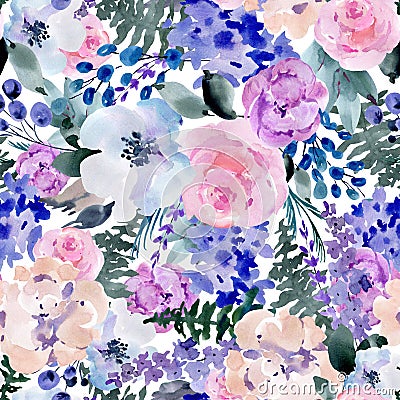 Summer Lilac Watercolor Floral Seamless Pattern, Wedding bouquet Stock Photo