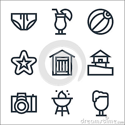 summer line icons. linear set. quality vector line set such as beer, barbecue, camera, sea, dressing room, starfish, beach ball, Vector Illustration