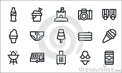 summer line icons. linear set. quality vector line set such as beer can, baggage, barbecue, swimsuit, caravan, ice cream, Vector Illustration