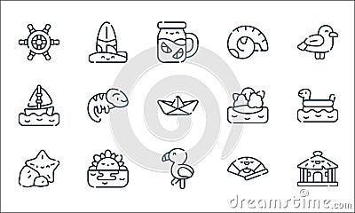 summer line icons. linear set. quality vector line set such as cabin, flamingo, starfish, fan, sunset, sailboat, island, shell, Vector Illustration