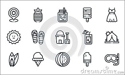 Summer line icons. linear set. quality vector line set such as snorkle, watermelon, surfboard, ice cream, sun, lemonade, pineapple Vector Illustration