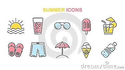 Summer line icons set. Summertime outline symbols. Vacation and relax. Vector Illustration