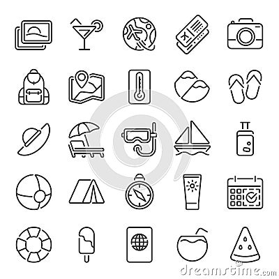 Summer line icons. Summers vacation, sunrise sun and sunglasses for camper. Beach relax umbrella icon vector Vector Illustration