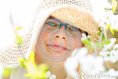 Summer little girl in straw hat outdoor portrait. Stock Photo