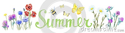 Summer logo. Butterflies, bumblebee, meadow flowers Stock Photo