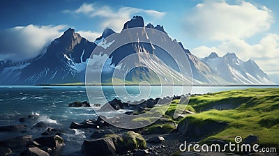 Summer Majesty: Stokksnes Headland Vista with Iconic Vestrahorn Mountain. Generative ai Cartoon Illustration