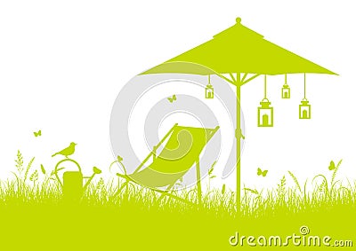 Summer Meadow Deck Chair And Parasol Light Green Vector Illustration