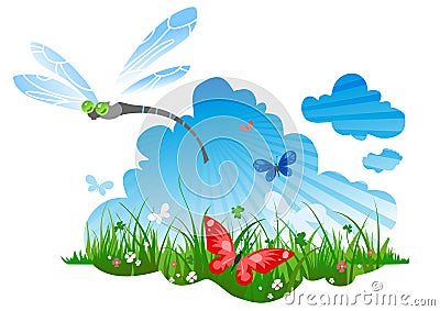 Summer meadow with a dragonfly Vector Illustration