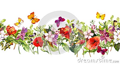 Summer meadow flowers and butterflies. Repeating frame. Watercolor Stock Photo