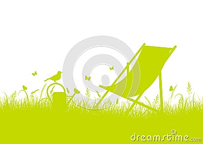 Summer Meadow Silhouette With Canvas Chair Green Banner Vector Illustration