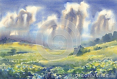 Summer meadow watercolor landscape Stock Photo