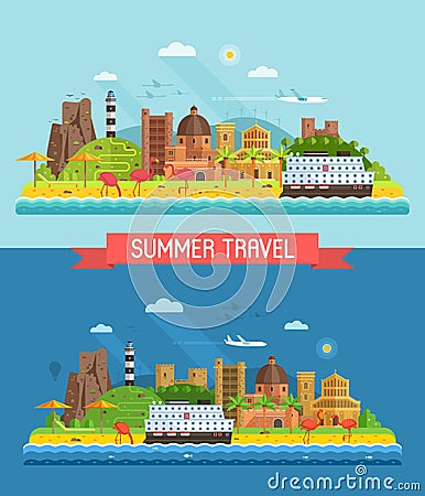 Summer Mediterranean Coast Town Landscape Vector Illustration