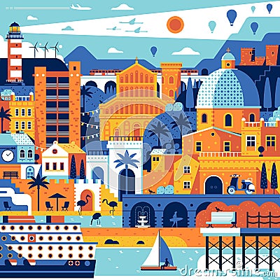 Summer Mediterranean Town Poster Vector Illustration