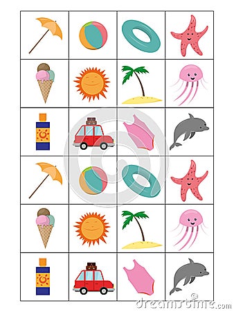 Summer memory game cards with cute beach objects. Matching activity. Remember and find correct picture card. Simple sea Vector Illustration