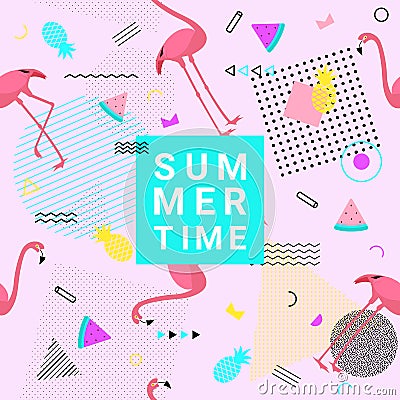 Summer memphis style background with flamingo, watermelon, pineapple and geometric shapes for promotion banner, flyer, party post Cartoon Illustration