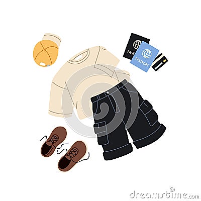 Summer men clothes, passports, bank card for holiday travel. Tourists stuff, accessories for vacation. Male apparel Vector Illustration