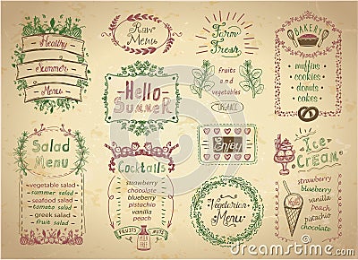 Summer menu, farm fresh, cocktails, salads, bakery, raw and vegetarian menu Vector Illustration