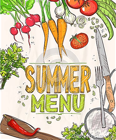 Summer menu poster vector template with raw vegetables Vector Illustration