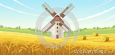 Summer Mill Landscape Composition Vector Illustration