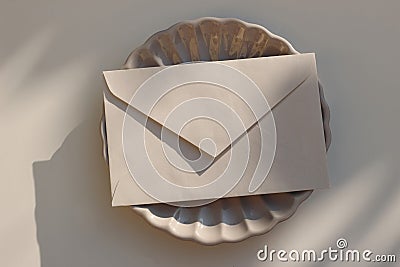 Summer minimal wedding stationery. Bank beige envelope mockup on ceramic scallop ceramic plate in sunlight with shadows Stock Photo