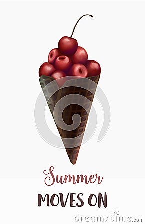 Summer minimalism illustration, creative concept. Digital hand drawn cherry in the waffle chocolate cone on the white background Cartoon Illustration