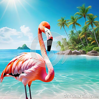 summer mood animal pink flamingo wearing headphone at tropical Cartoon Illustration