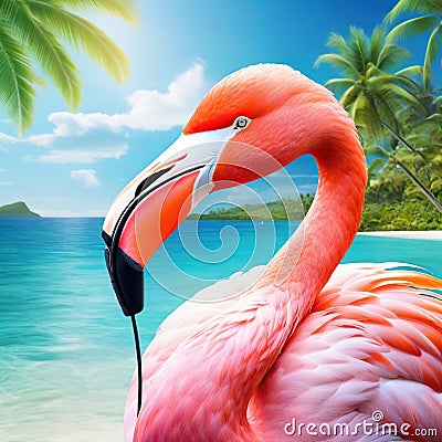 summer mood animal pink flamingo wearing headphone at tropical Cartoon Illustration