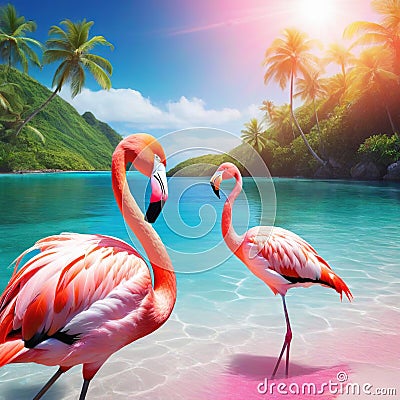 summer mood animal pink flamingo wearing headphone at tropical Cartoon Illustration