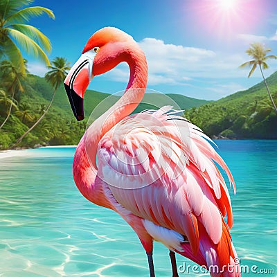 summer mood animal pink flamingo wearing headphone at tropical Cartoon Illustration