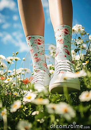 Summer mood. Close-up of a girl& x27;s feet in white socks walking in a chamomile field. Stock Photo