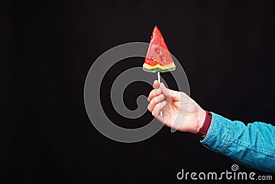 Summer mood with a slices of watermelon candystick. Stock Photo