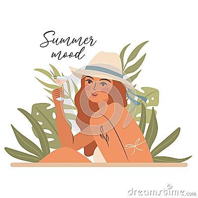 Summer mood. Woman with a cocktail. Vector Vector Illustration