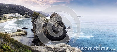 Summer morning with colorful sky during sunrise. Scenic image of Pelekas beach. Wonderful morning seascape of Ionian Sea, Corfu Stock Photo