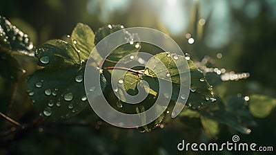 Summer morning. Dew drops on the leaves of the trees. Stock Photo