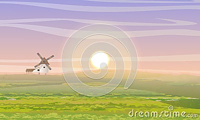 Summer morning. Green field, mill and shed. Life outside the city. Farm and agriculture Vector Illustration