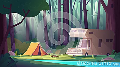 Summer morning landscape with forest river and camping . Summer camp in forest. Vector Illustration