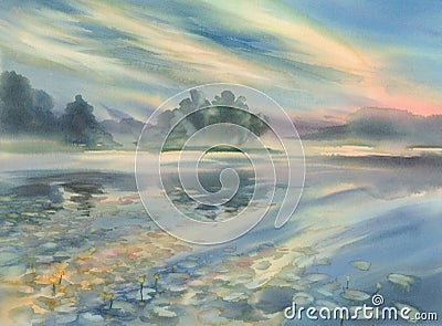 Summer morning watercolor landscape Stock Photo