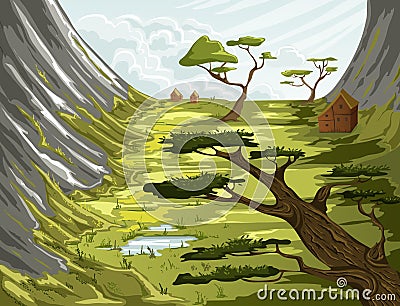 Summer mountain landscape with green field, houses and trees. Vector Illustration