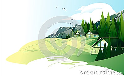 Summer mountain rest landscape with rest houses Stock Photo