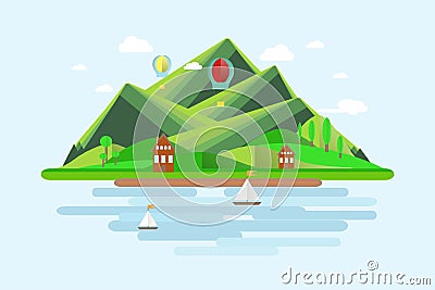 Summer mountains landscape. Green hills, blue sky, white clouds, green trees, mountain shelters, sailboats, balloons Vector Illustration