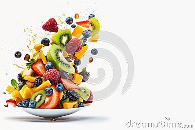 Summer multicolored fruit salad of mango, kiwi, raspberry, blueberry, in a plate on a white background Stock Photo