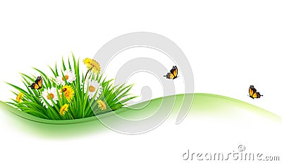 Summer nature background with grass, flowers and butterflies. Vector Illustration