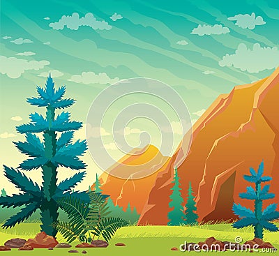 Summer nature illustration - fir, mountain, cave, grass Cartoon Illustration