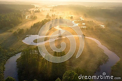 Summer nature landscape aerial view. Foggy morning river in sunlight. Sunny riverside from above. Amazing nature scene at misty Stock Photo