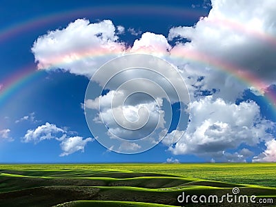 Rainbow nature landscape contryside green grass field trees and sun beam on cloudy fluffy blue and pink sky Stock Photo